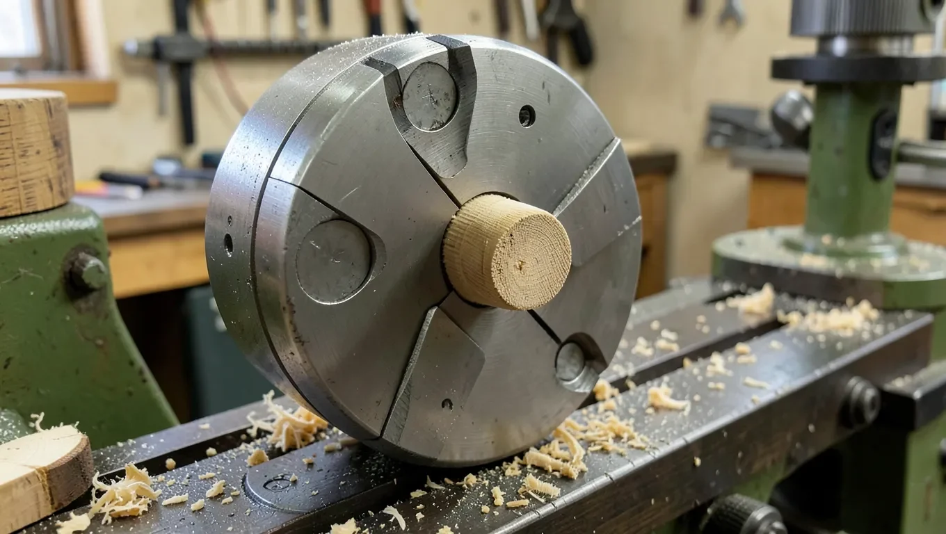 Four-jaw wood lathe chuck gripping a wooden blank on a wood lathe