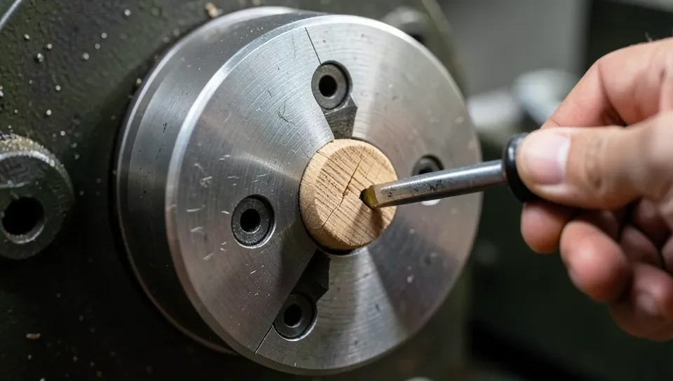 Close-up of a four-jaw wood lathe chuck jaws gripping a wooden tenon with hex adjustment holes