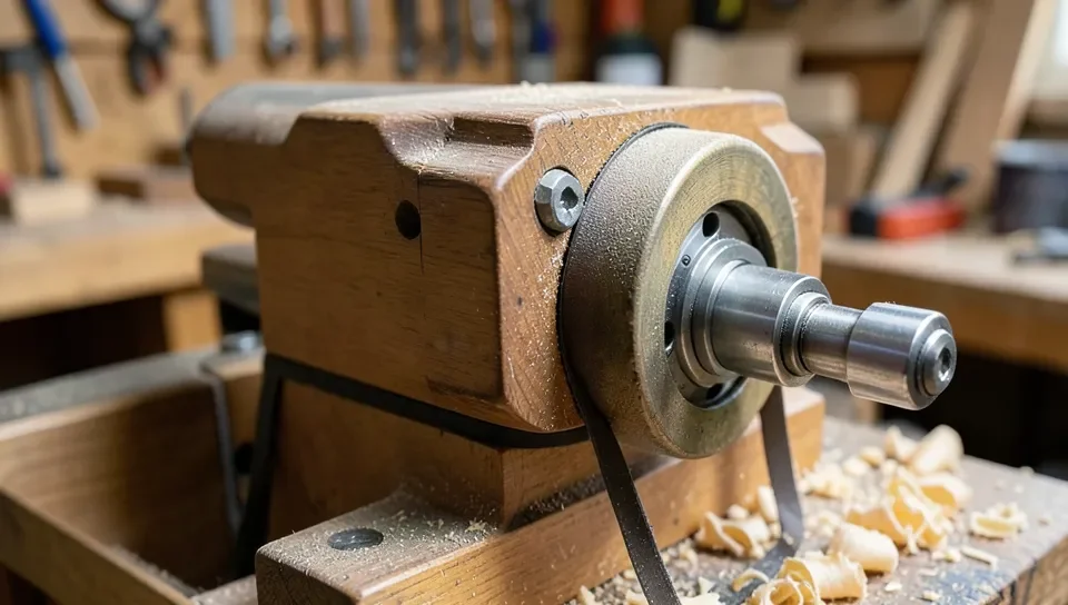 Close-up of a wood lathe headstock with motor pulley, drive belt, and spindle bearing