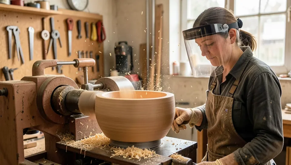 Woodturner wearing a face shield turning a bowl on a wood lathe at low speed