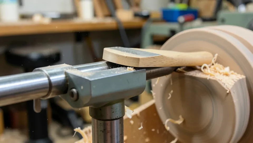 Woodturning gouge resting on a metal tool rest bar against a spinning wood blank