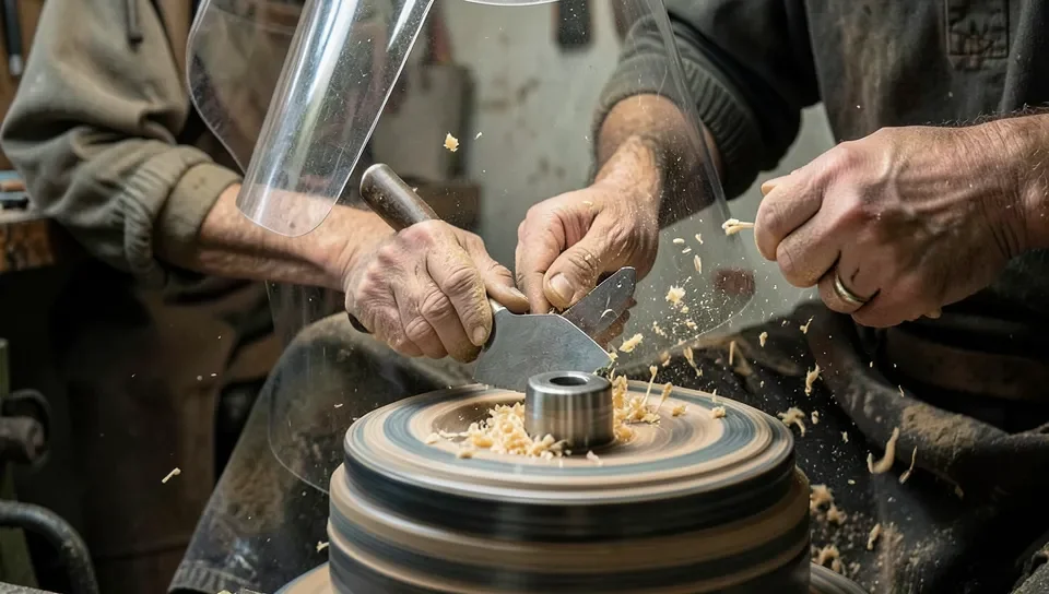 Woodturner wearing a clear face shield while cutting a spinning wood blank with a gouge