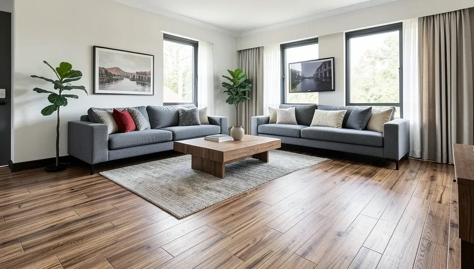 Wood-look flooring installed in a living room