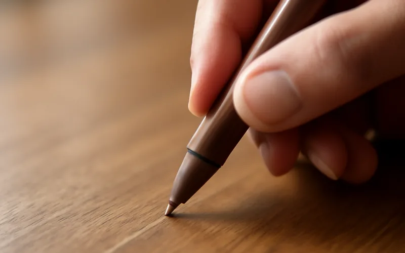 Hand using a wood-tone marker pen to touch up a surface scratch on a wooden table Hand using a wood-tone marker pen to touch up a surface scratch on a wooden table
