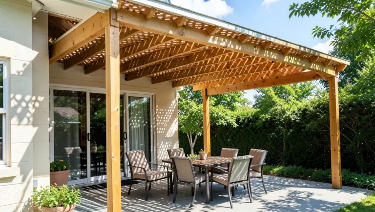 Cedar wood patio cover with open beam roof structure and shaded seating area