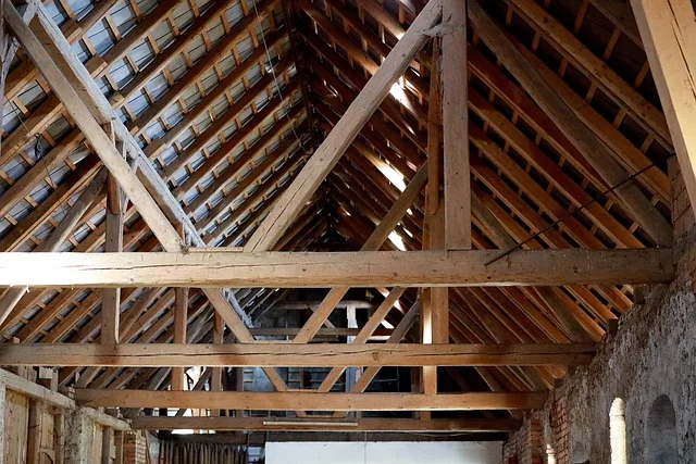 Exposed wooden roof truss and beam construction, the kind of structural lumber that fire-retardant treatment is used to protect