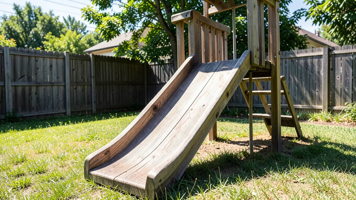 A wooden playground slide in a backyard
