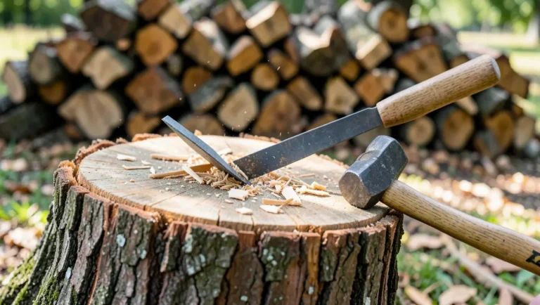 Steel splitting wedge and sledgehammer resting on a firewood log