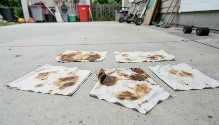 Oil-stained rags laid out flat and spread apart on concrete to dry safely