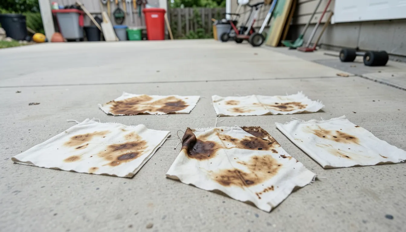 Oil-stained rags laid out flat and spread apart on concrete to dry safely