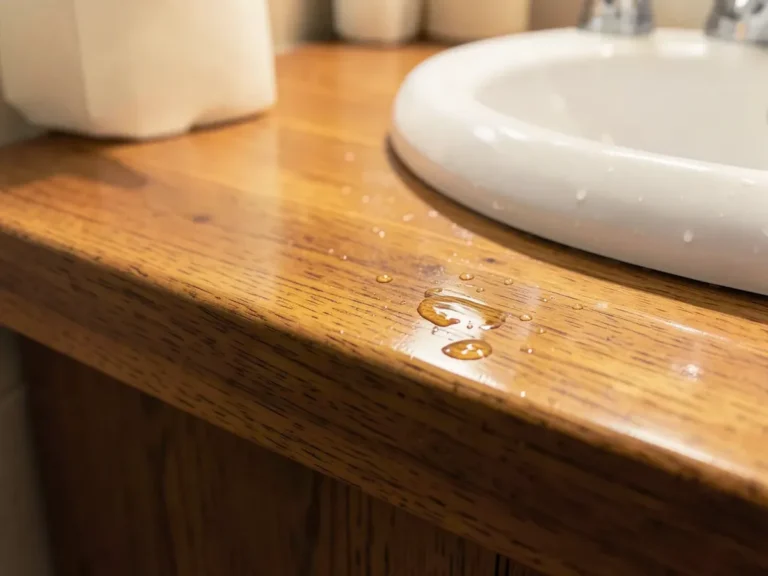 Sealed wood bathroom vanity top with glossy waterproof finish beading water near the sink
