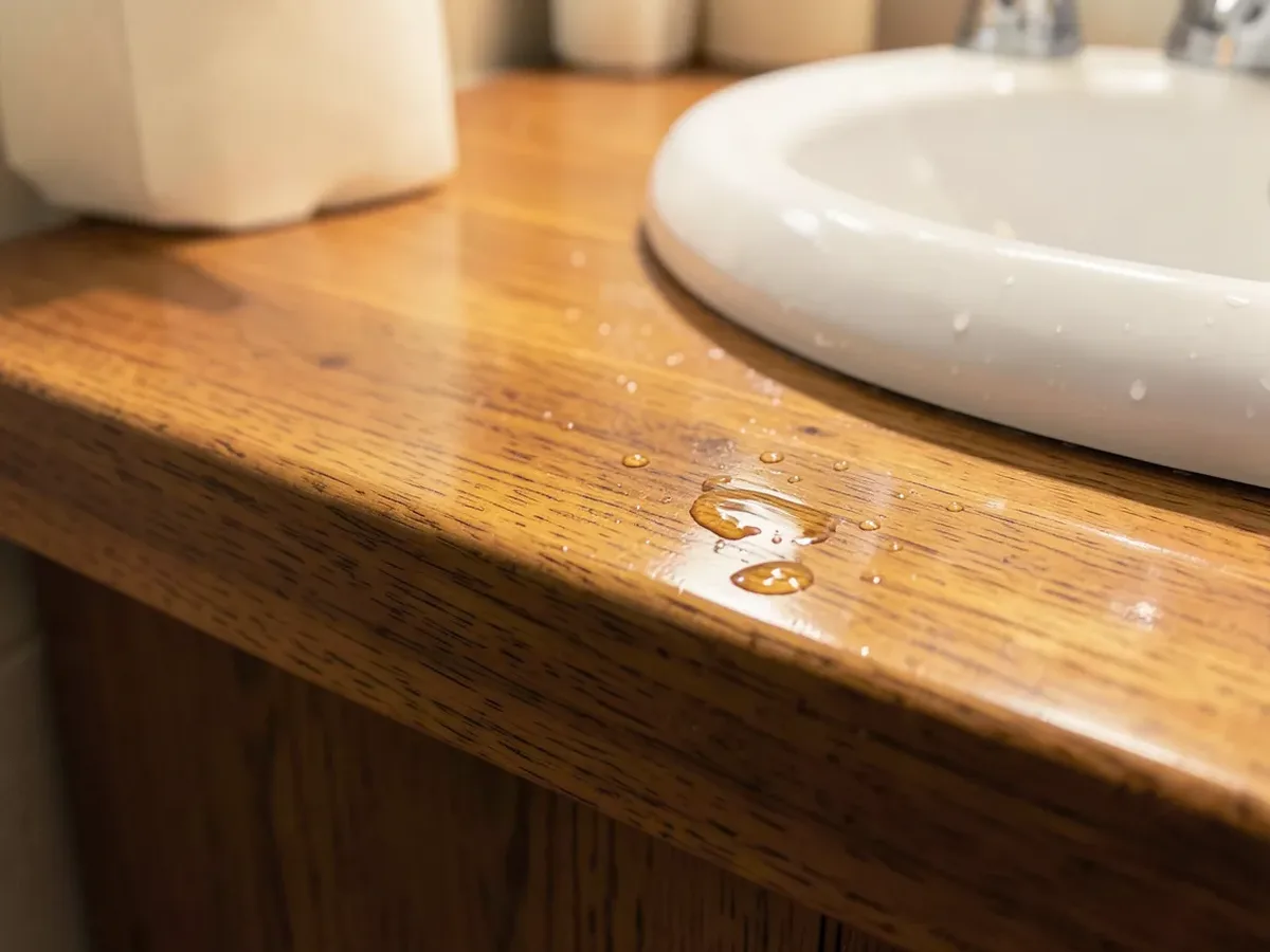 Sealed wood bathroom vanity top with glossy waterproof finish beading water near the sink