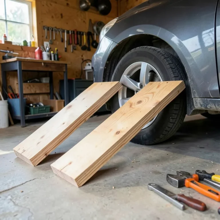 Homemade wooden car ramps made from stacked plywood in a home garage