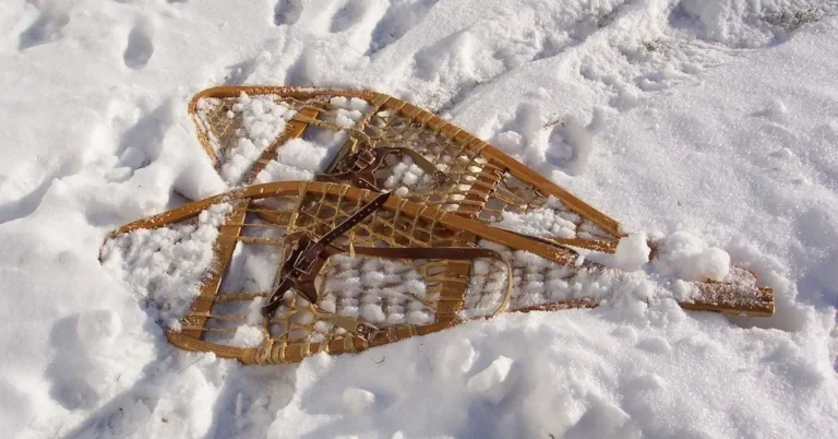 Pair of traditional wooden snowshoes with ash frames and laced decking lying on snow