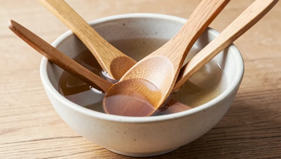 Wooden spoons soaking briefly in warm soapy water for cleaning