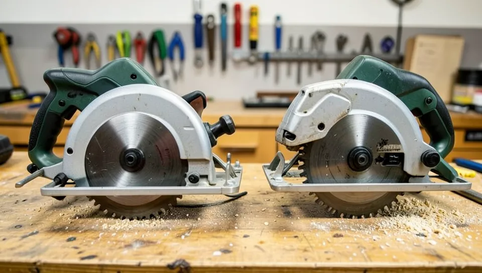 Worm-drive circular saw with blade on the left next to a sidewinder saw with blade on the right