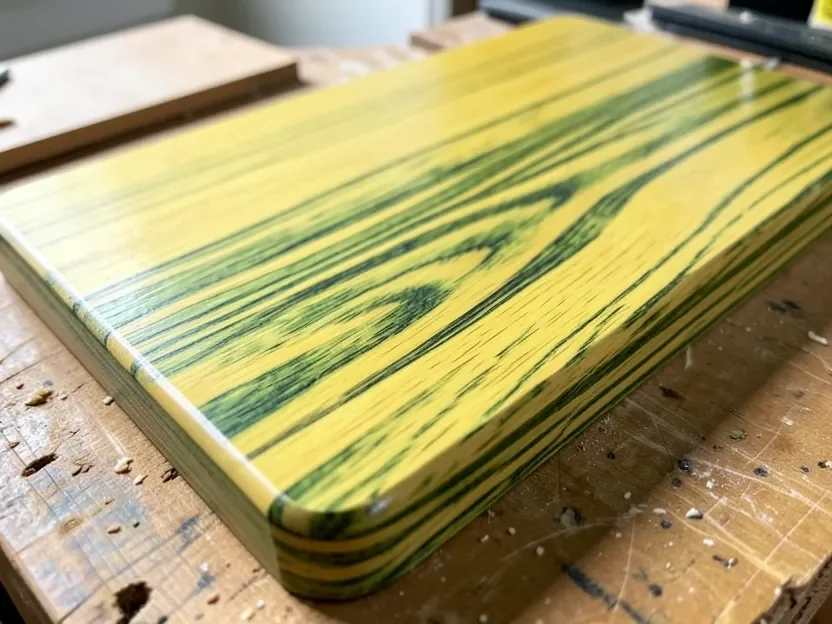 Freshly cut yellow poplar board showing green and yellow streaked heartwood grain