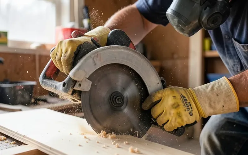 Person wearing safety gloves and a dust mask cutting plywood with a circular saw