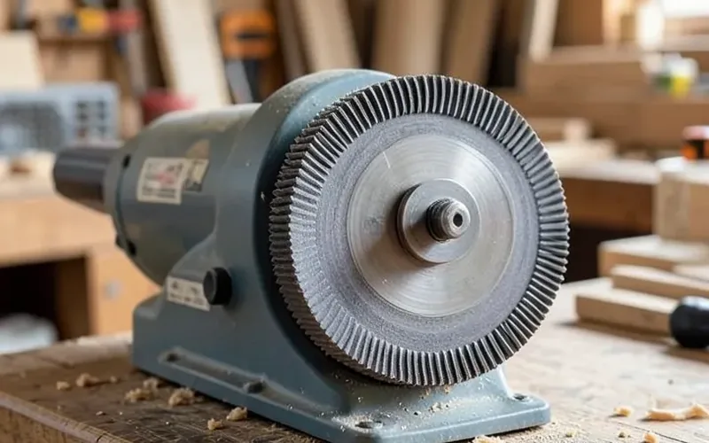 industrial bench grinder with wire wheel mounted on a workbench industrial bench grinder with wire wheel mounted on a workbench