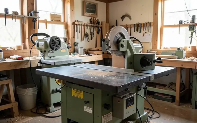 woodworking shop with stationary power tools woodworking shop with stationary power tools including a table saw, band saw, and jointer