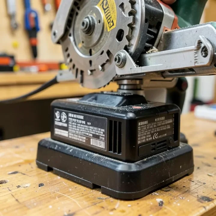 Close-up of a high-capacity 18-volt battery pack mounted on a cordless table saw