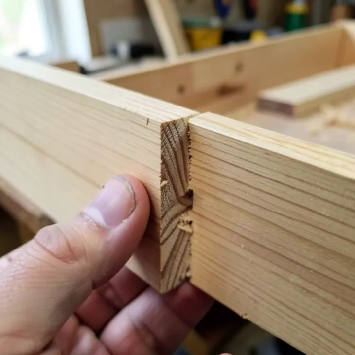 Close-up of a hand-cut dovetail joint in a wooden drawer corner