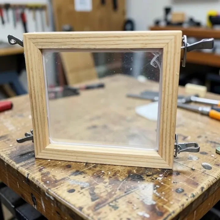 Clear acrylic panel glued into a wood frame with spring clamps holding it while curing