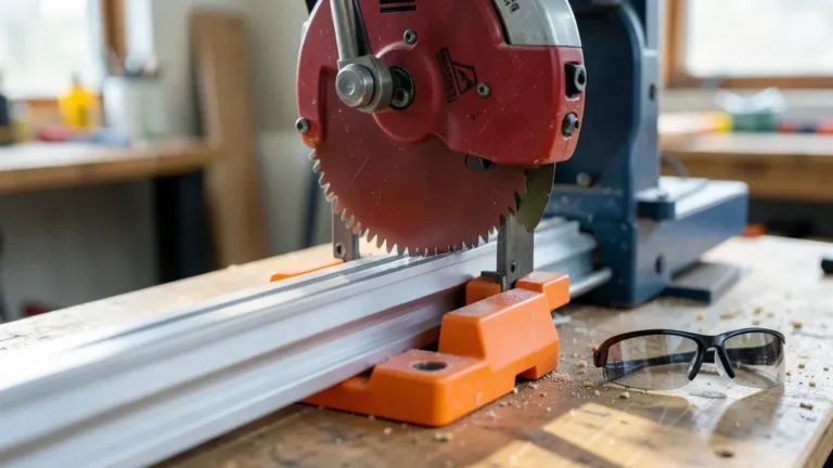 Chop saw fitted with a negative-hook aluminum-cutting blade lowered onto a securely clamped aluminum extrusion bar