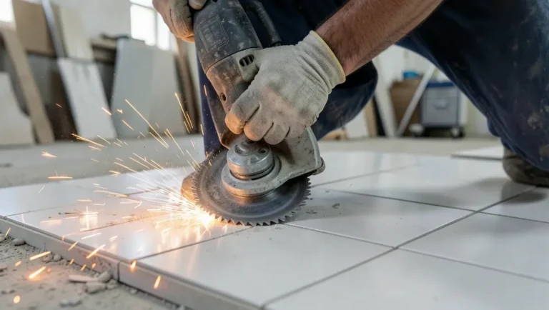 Using an angle grinder with a diamond blade to dry-cut ceramic tile
