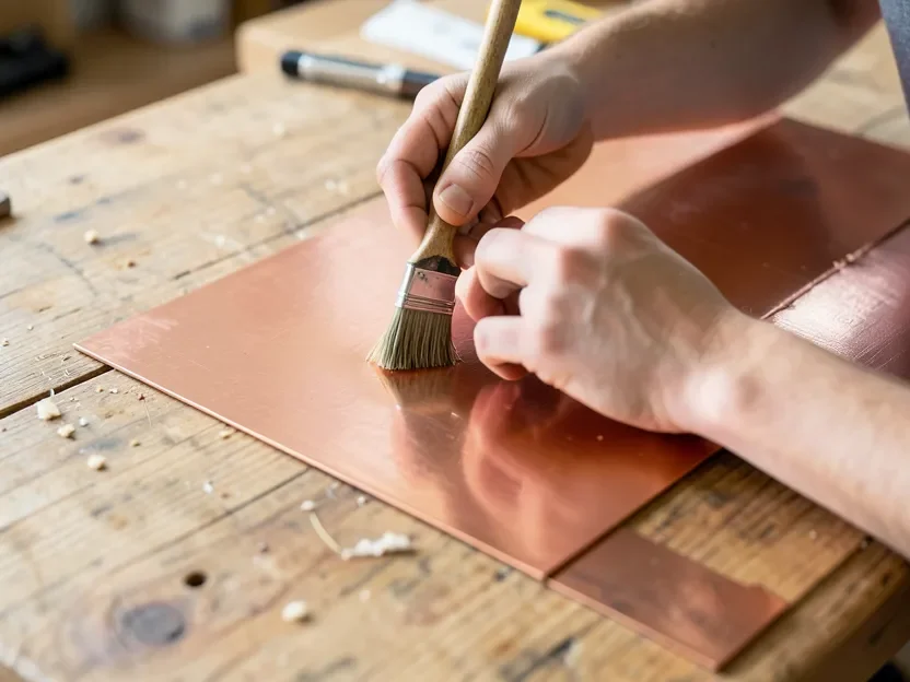 Brushing contact adhesive onto the back of a copper sheet before attaching it to wood
