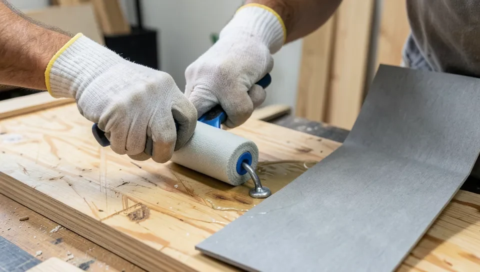 Applying contact cement to a plywood countertop substrate before installing laminate