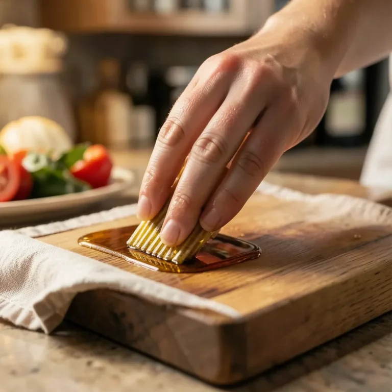 Hand wiping a tinted food-safe oil onto a wooden charcuterie board with a cloth