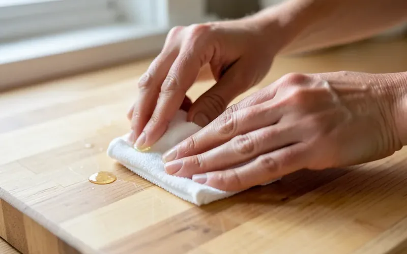 Applying mineral oil to a hevea butcher block countertop Hands applying food-safe mineral oil with a cloth to a hevea butcher block countertop