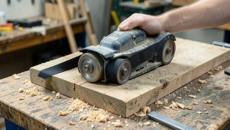 Belt sander with its rectangular sanding belt visible, removing material from a rough wood board on a workbench