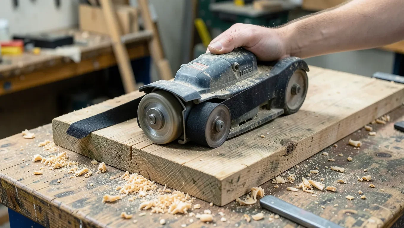 Belt sander with its rectangular sanding belt visible, removing material from a rough wood board on a workbench