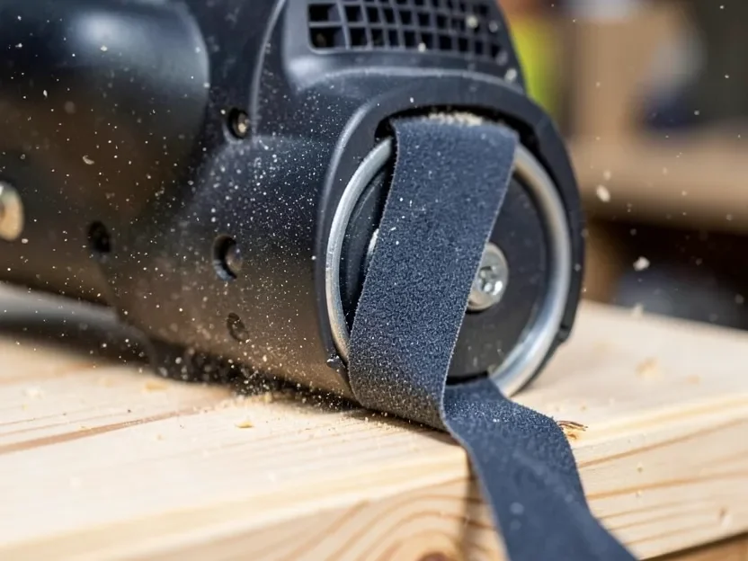 Close-up of a belt sander's rectangular sanding belt removing material from a wood board