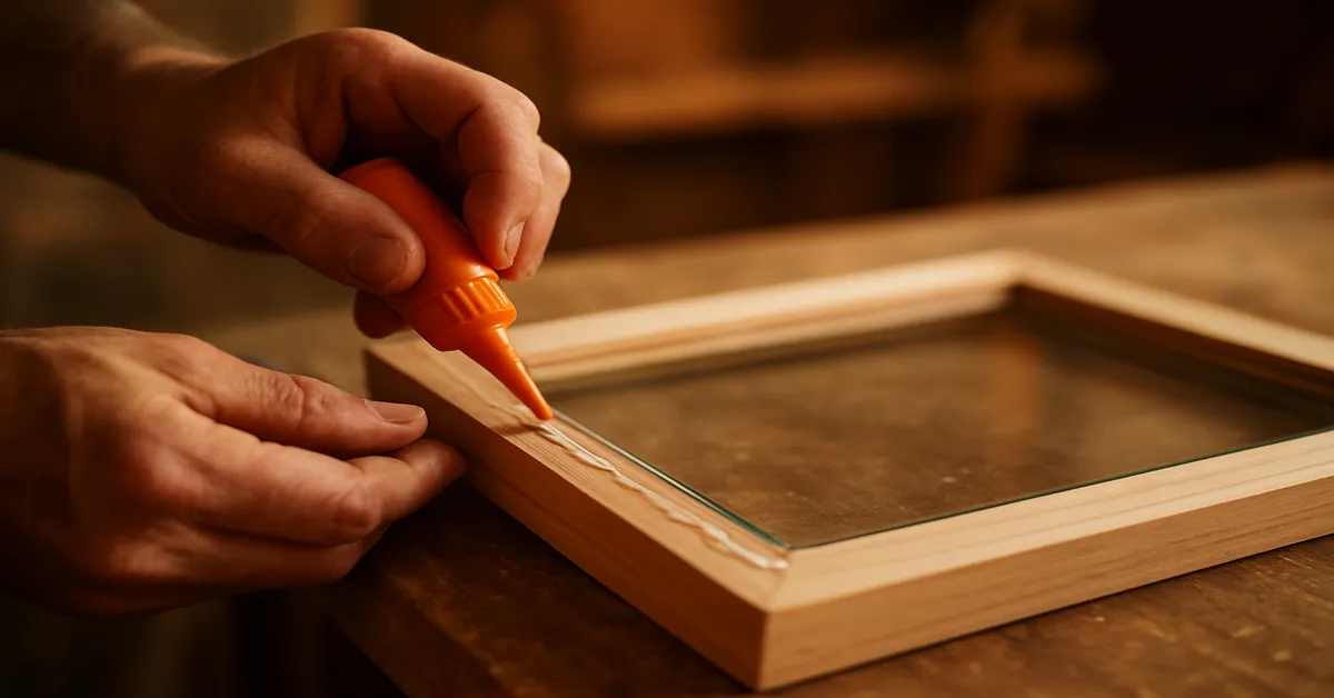 Applying clear glue to a wood picture frame before fitting a glass pane