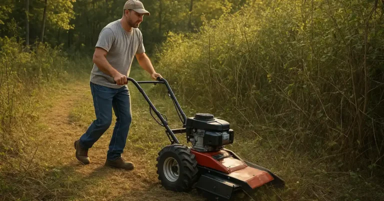 Homeowner clearing overgrown brush and saplings with a walk-behind brush cutter machine