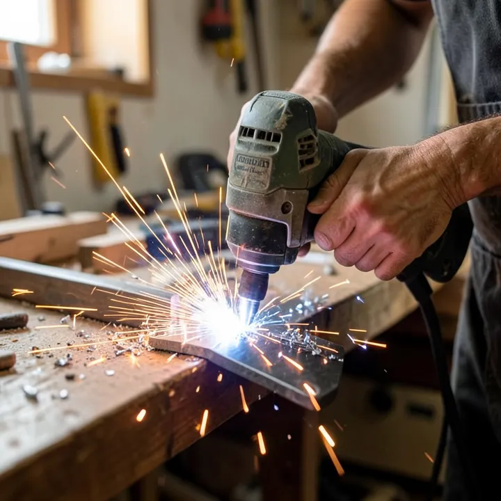 Cutting metal with a power tool sends off bright sparks and metal chips Cutting metal with a power tool sends off bright sparks and metal chips