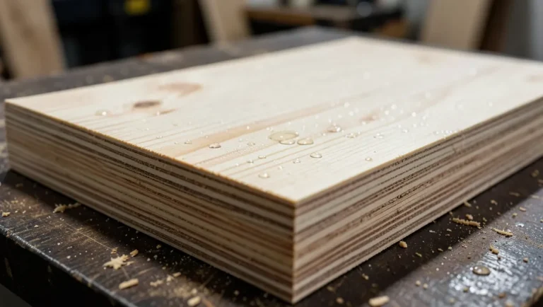 Stack of birch plywood sheets with water droplets on the surface