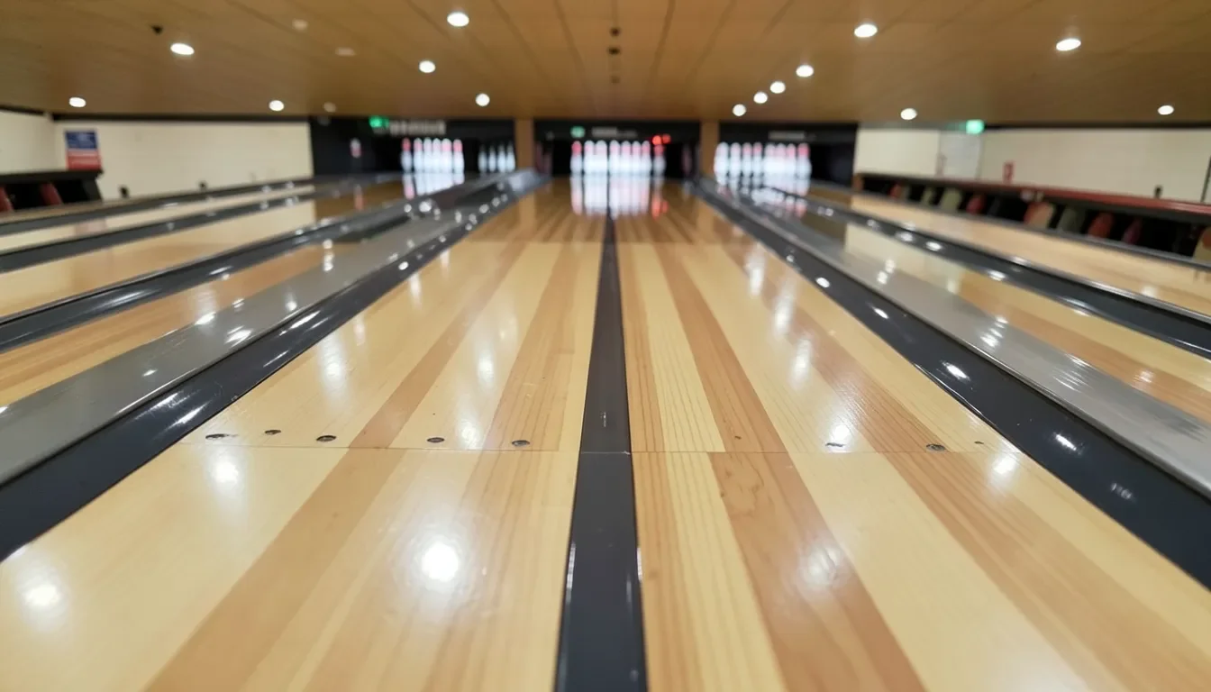 Close-up of a polished wood bowling alley lane showing alternating maple and pine strips