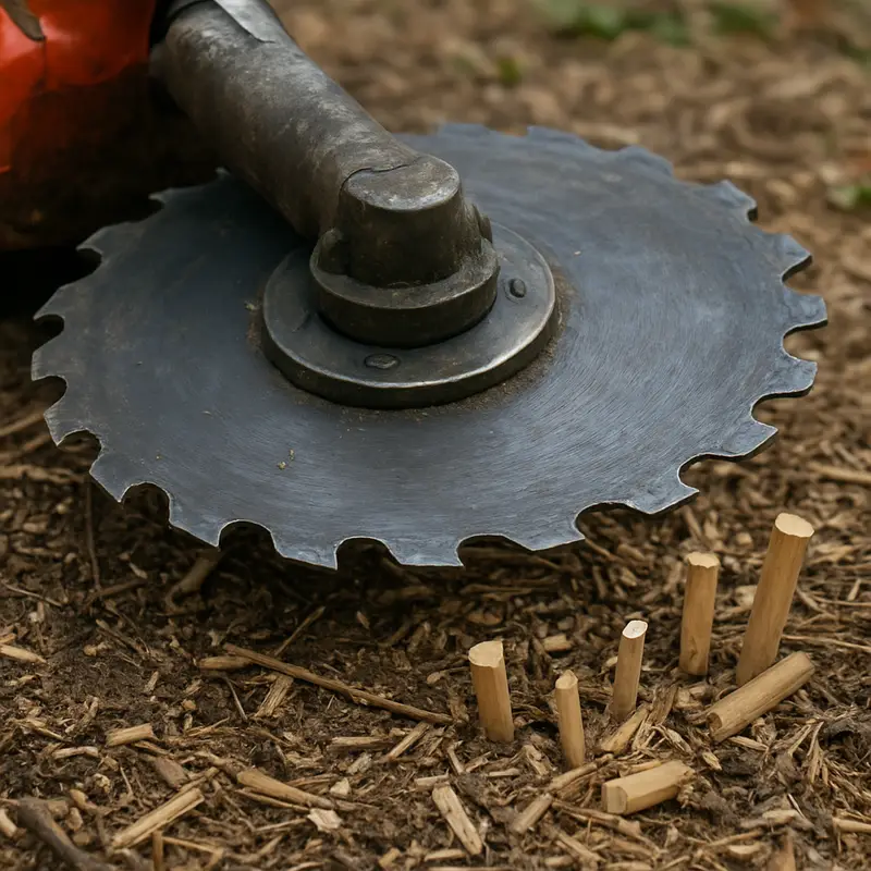 Close-up of a toothed steel brush-cutting blade after cutting through small sapling stems Close-up of a toothed steel brush-cutting blade after cutting through small sapling stems