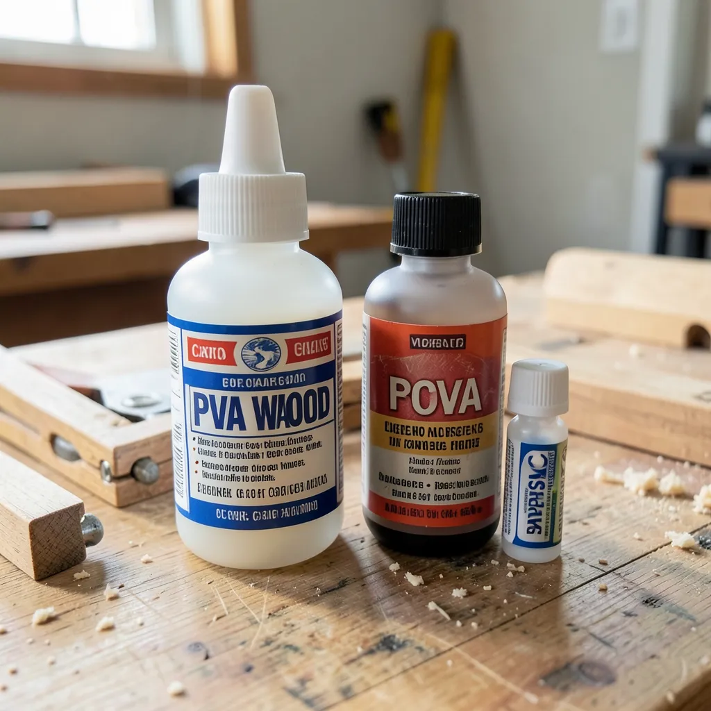 CA glue bottle and PVA wood glue bottle side by side on a workbench
