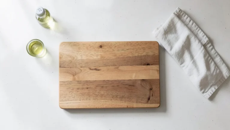 Wooden cutting board with a bottle of food-safe mineral oil and a cloth on a kitchen counter