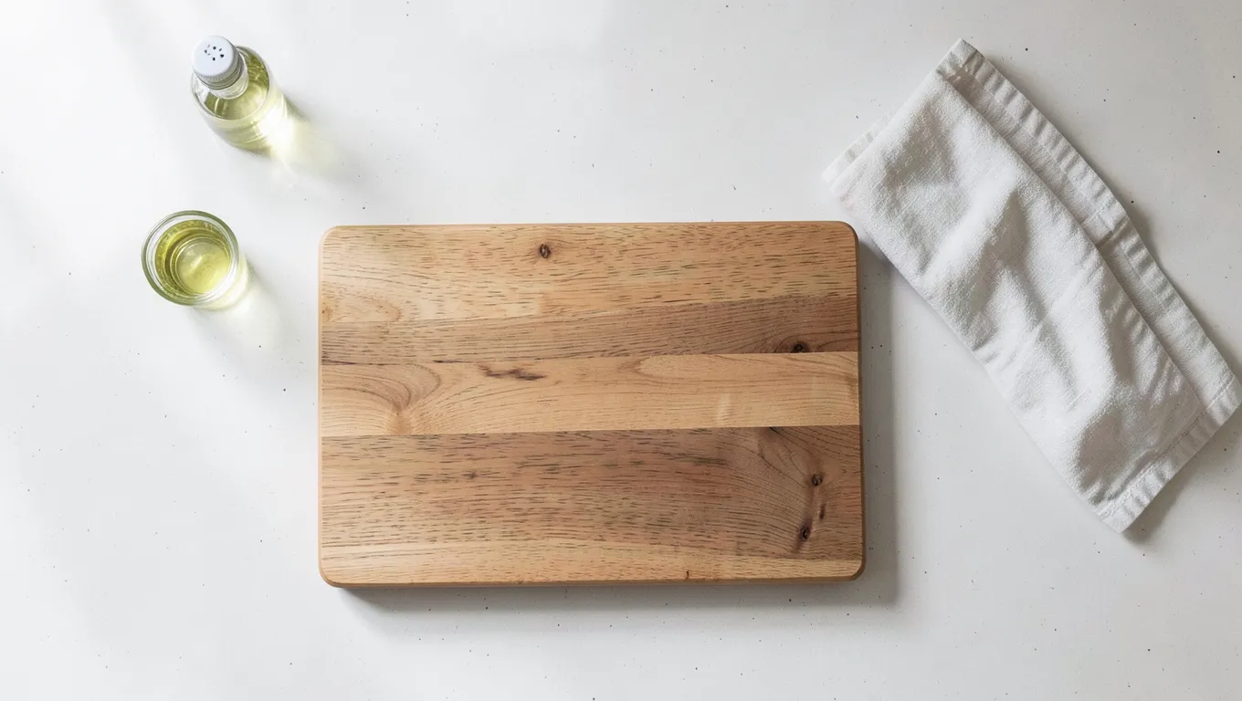 Wooden cutting board with a bottle of food-safe mineral oil and a cloth on a kitchen counter