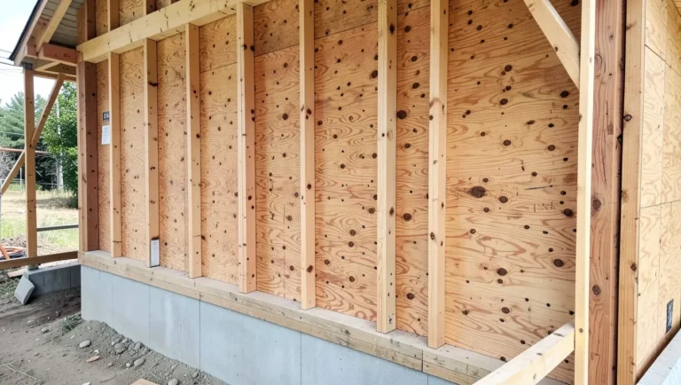 Plywood sheathing panels on a house wall frame