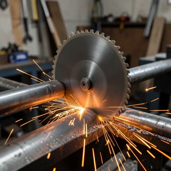 Abrasive metal cut-off chop saw cutting a steel rod with sparks flying