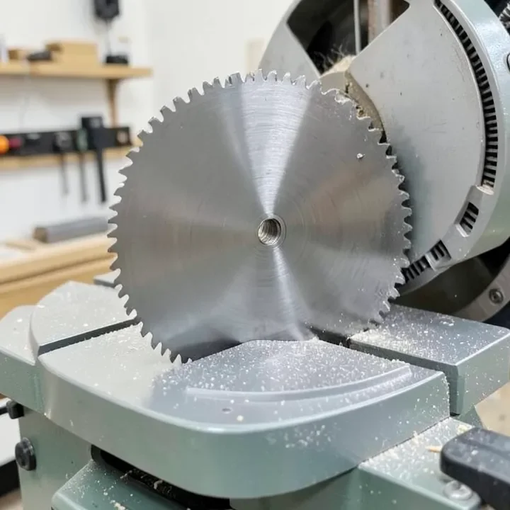 Carbide-tipped metal cutting blade mounted on a miter saw in a clean, sawdust-free workshop