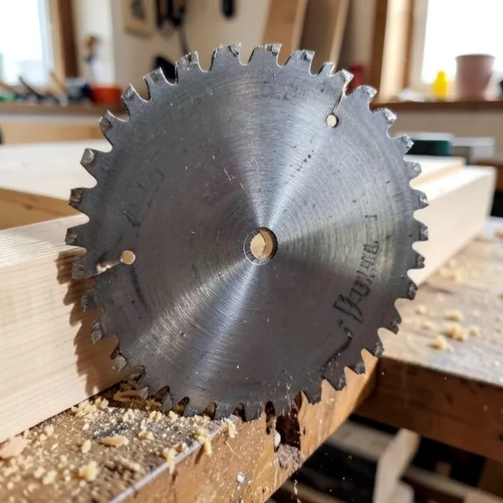 close-up of a circular saw blade set against a wood board mid-cut, teeth visible