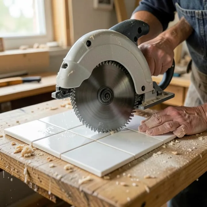 Circular saw fitted with a diamond blade wet-cutting a porcelain tile